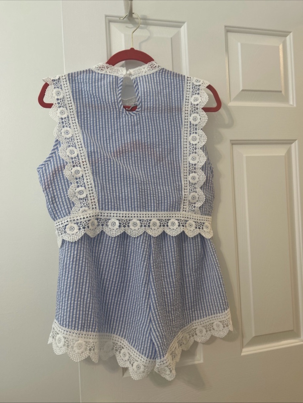 Blue and White Striped Lace-Trim Women's Shorts Set - Picture 4 of 5